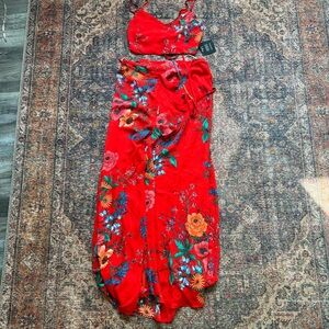Lulus Red Floral Two-Piece Set with Wrap Skirt